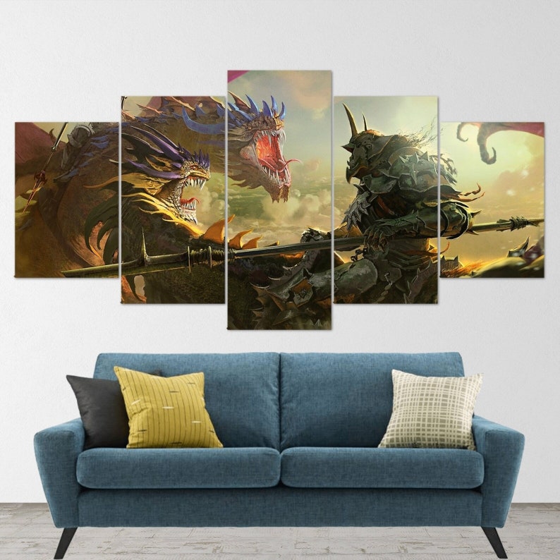 May include: A multi-panel canvas print depicting a fierce battle between a green-armored warrior riding a dragon and a pair of golden dragons with red and blue accents.