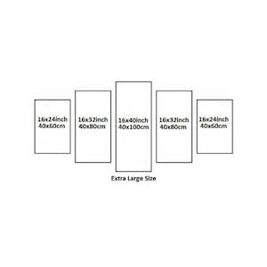 May include: Five different sizes of canvas prints, labeled with dimensions in inches and centimeters. The sizes are 16x24 inch (40x60cm), 16x32 inch (40x80cm), 16x40 inch (40x100cm), 16x32 inch (40x80cm), and 16x24 inch (40x60cm). The text "Extra Large Size" is below the sizes.