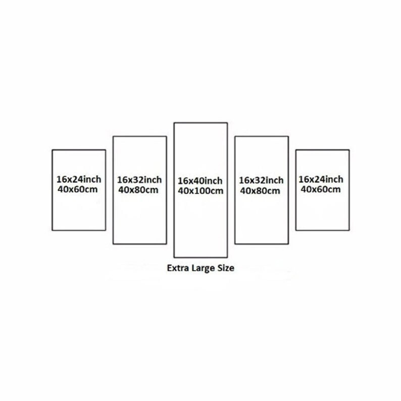 May include: Five different sizes of canvas prints, labeled with dimensions in inches and centimeters. The sizes are 16x24 inch (40x60cm), 16x32 inch (40x80cm), 16x40 inch (40x100cm), 16x32 inch (40x80cm), and 16x24 inch (40x60cm). The text "Extra Large Size" is below the sizes.