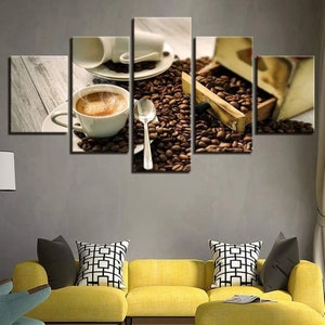 Cup Of Coffee On A Table With Coffee Beans Latte Wall Art Framed Canvas Prints Wall Art 5 Piece Multi Panel Painting Modern Decor