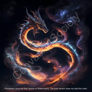 Dragon Artwork, Full Body Dragon In The Sky With Swirling Clouds, Mythical Dragon, Serpent Dragon In The Night Sky, Fantasy Art, Home Decor