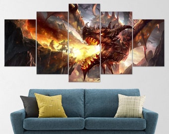 Fiery Dragon, Fantasy, Dragon Age, Dragon wall art, 5 Piece Dragon Canvas Wall Art, Dragon Canvas Art, Dragon Poster, Dragon wall decor