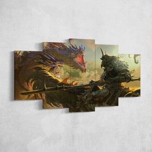 May include: A warrior on horseback wielding a spear, facing off against two large, yellow and blue dragons with open mouths and sharp teeth. The scene is set against a backdrop of clouds and a golden sky.