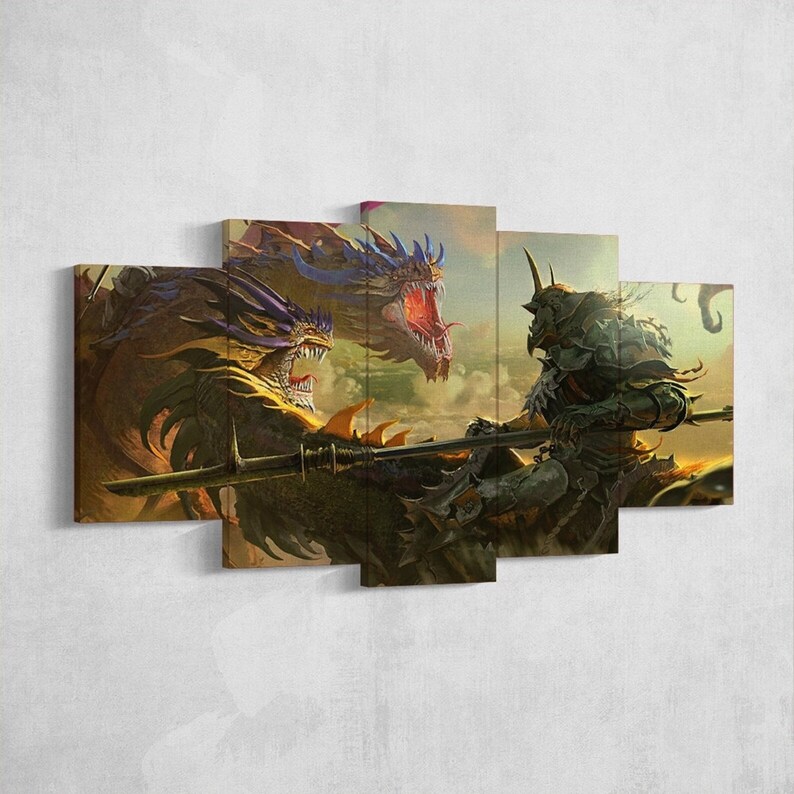 May include: A warrior on horseback wielding a spear, facing off against two large, yellow and blue dragons with open mouths and sharp teeth. The scene is set against a backdrop of clouds and a golden sky.