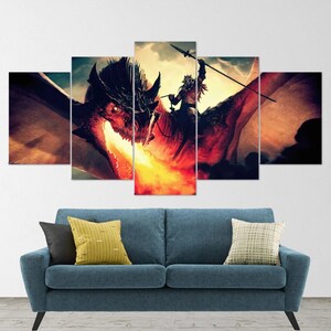 Battle Dragon Breathing Fire, Dragon Age, Dragon wall art, 5 Piece Dragon Canvas Wall Art, Dragon Canvas Art, Dragon Art, Large Dragon decor