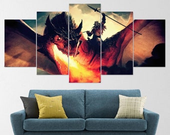 Battle Dragon Breathing Fire, Dragon Age, Dragon wall art, 5 Piece Dragon Canvas Wall Art, Dragon Canvas Art, Dragon Art, Large Dragon decor