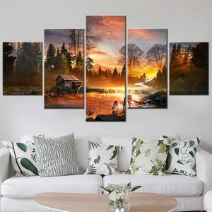 Large 5-Piece Canvas Wall Art | Nature River Deer Sunset Landscape Wilderness | Modern Home Decor | Framed Multi-Panel Prints Ready to Hang