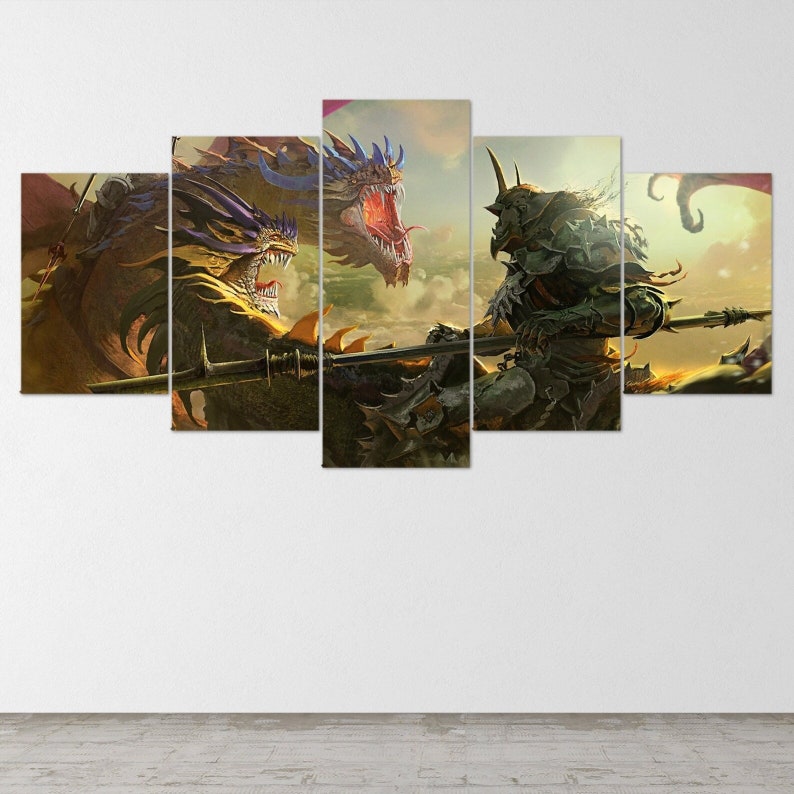 May include: A multi-panel canvas print depicting a fierce battle between a green armored warrior on horseback and a pair of golden dragons with blue and purple accents. The warrior is wielding a spear, while the dragons are baring their teeth and claws.