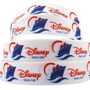 May include: White satin ribbon with a repeating pattern of a blue and white cruise ship with red waves and the text "Disney Cruise Line".