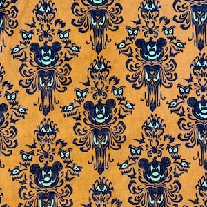 18x10&quot; Disney Haunted Mansion Fabric 100% Cotton Fabric Remnant Disney Mickey Halloween Pumpkin Wall Paper print Inspired Orange
