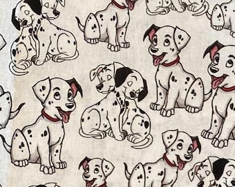 May include: A repeating pattern of cartoon Dalmatian dogs on a light background. The dogs are white with black spots, red collars, and pink tongues. The dogs are in various poses.