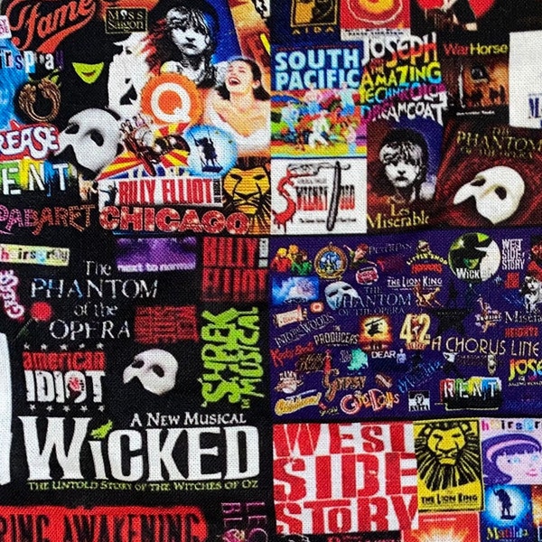 Broadway Plays Fabric 100% Cotton Fabric by the Yard Theatrical West Side Story Mama Mia Rent Chicago Hairspray More