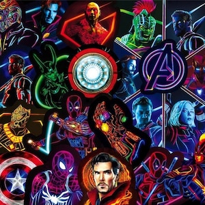 May include: A collage of neon-colored Marvel superhero characters, including Iron Man, Captain America, Thor, Hulk, Black Widow, Hawkeye, Spider-Man, and Doctor Strange. The characters are depicted in a variety of poses and expressions, with a vibrant and colorful background.