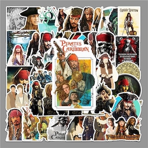 May include: A set of 30 Pirates of the Caribbean themed stickers featuring various characters from the movie franchise, including Captain Jack Sparrow, Will Turner, Elizabeth Swann, and Davy Jones. The stickers are printed on high-quality vinyl and are waterproof and durable.