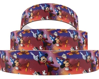 Disney Mickey Mouse Ribbon 1", 1.5" and 2" High Quality Grosgrain Ribbon By The Yard Sorcerer's Apprentice Fantasia Ribbon