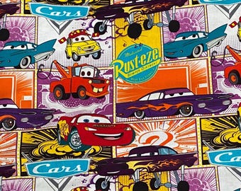 18x10" Disney Cars Land 100% Cotton Fabric Remnant t Lightning McQueen Mater Sally Cruz Cal