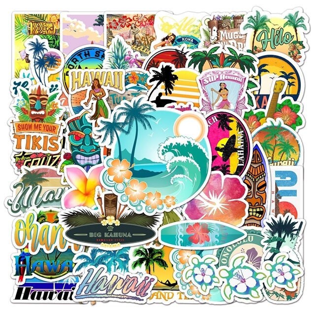 Hawaii Stickers Pack | Water Resistant Stickers | Tiki Luau Vacation Stickers Hawaiian Stickers Great for Hydro flasks laptops phones & more