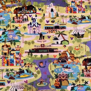 Vintage Disneyland Map Fabric 100% Cotton Fabric by the Yard Ride Attractions Collage Walt Disney Mickey Mouse