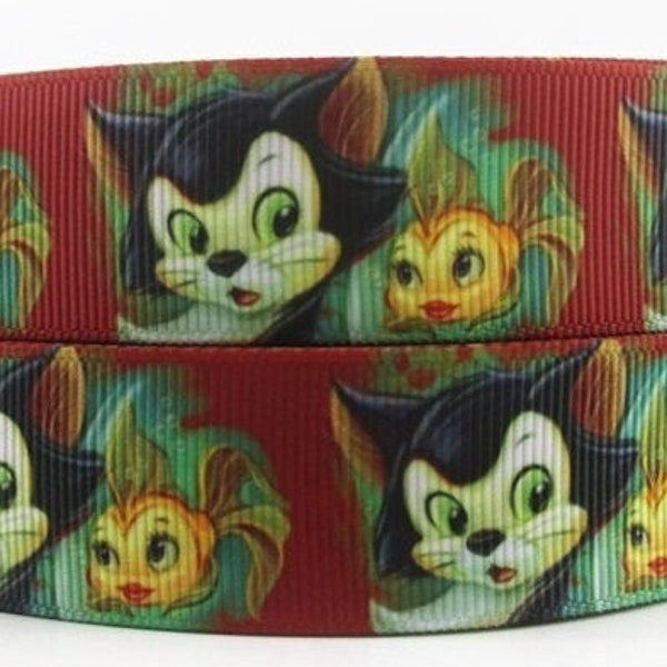 Disney Pinocchio Ribbon 1" High Quality Grosgrain Ribbon By The Yard Figaro and Cleo Characters Cat Fish