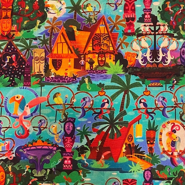 18” x 10” Disney Tiki Room Fabric 100% Cotton Fabric Remnant Birds Tiki Gods Polynesian Tropical Magic Kingdom Attraction