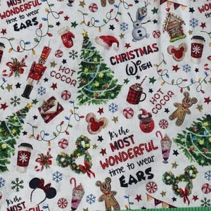 Disney Christmas Fabric 100% Cotton Fabric by the Yard Winter Tree Mickey Mouse Minnie Mouse Wonderful Time to Wear Ears