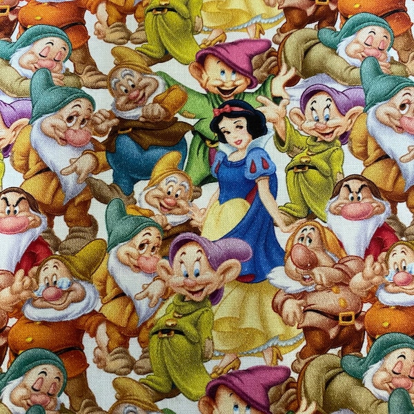 Disney Snow White Fabric 100% Cotton Fabric Fat Quarter Tumbler Cut Seven Dwarfs Fabric Collage Dopey Grumpy Sleepy Sneezy Doc Bashful Happy