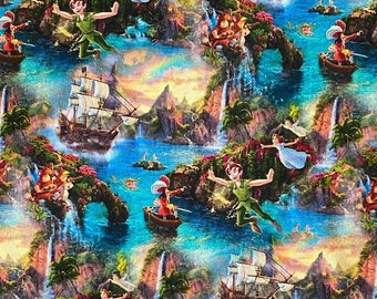 18x10" Peter Pan Fabric Collage 100% Cotton Fabric Remnant Neverland Squared Blocked Collage