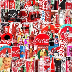 May include: A collage of colorful Coca-Cola stickers featuring various designs, including logos, cans, bottles, and text. The stickers are arranged in a random pattern, creating a vibrant and eye-catching display.