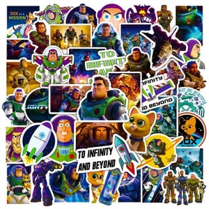 May include: A collection of colorful stickers featuring Buzz Lightyear and related characters from the Toy Story franchise. The stickers showcase various poses and scenes, with text including "To Infinity and Beyond" and "SOX on a Mission".