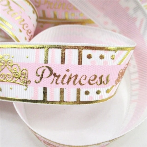 Gold Embossed Princess Ribbon 1" High Quality Grosgrain Ribbon By The Yard Tiara Crown Foil Ribbon