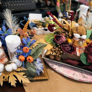 Fall candle floral arrangement,  Fall floral design with Mrs Squirrel (Blue and  Maroon)