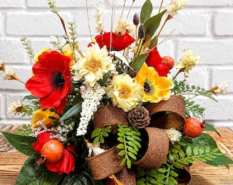 Red and Yellow Poppy Flowers, Farmhouse Centerpiece, Fall Floral Centerpiece, Harvest Table Arrangement, Rustic Autumn Decor,
