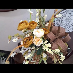 Elegant Fall Floral Design, Rustic Autumn Decor, Bronze & Cream Floral Arrangement, Fall Centerpiece with Sparkling Brown Bow image 5