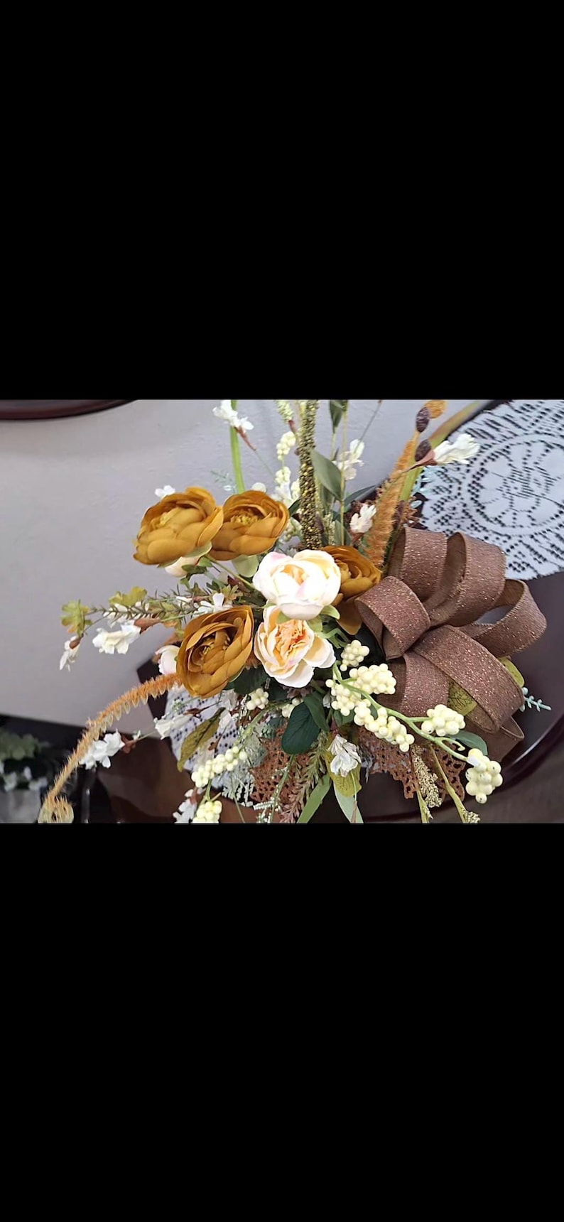 Elegant Fall Floral Design, Rustic Autumn Decor, Bronze & Cream Floral Arrangement, Fall Centerpiece with Sparkling Brown Bow image 5
