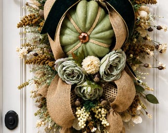 Elegant Fall Swag, with a Rustic touch,  Autumn Elegance, Farmhouse  Green Pumpkin Style