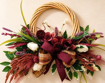 Fall Pumpkin Wreath, Plum Rose Autumn Wreath, Elegant Fall Door Decor, Burgundy & Cream Floral Wreath, DStevens Ribbon, 14"