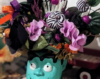 Whimsical Halloween Floral Decor, Frankenstein Vase Centerpiece, Spooky Fun Table Design, Unique Halloween