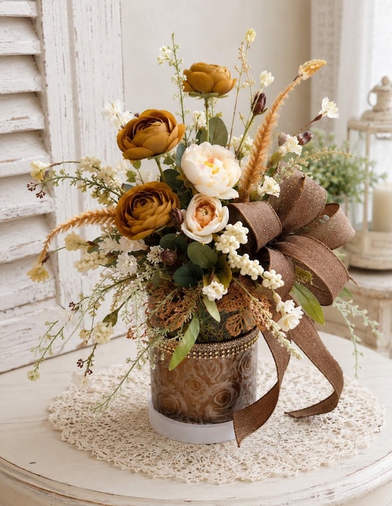 Elegant Fall Floral Design, Rustic Autumn Decor, Bronze & Cream Floral Arrangement, Fall Centerpiece with Sparkling Brown Bow