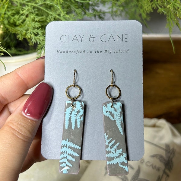Grey Clay Dangle Earrings with Aqua  Fern