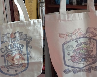 Wizard Jenkins & Catbus Transport literary tote bag - Ghibli cotton canvas beach bag, Totoro Cat Lovers Club watercolour flower market bag