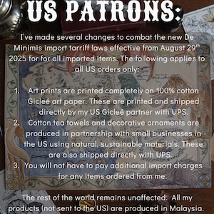 May include: A printed announcement titled TO MY ESTEEMED US PATRONS: detailing shipping and production updates regarding import laws effective August 29th 2025. The text is overlaid on a fantasy map illustration featuring dragons and floral borders.