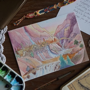 Ankunft in Bruchtal Gicleé Kunstdruck - Tolkien Aquarell Waldland Elfen Reiche LOTR Plakat - Herr der Ringe inspirierte Hobbitkern Dekor