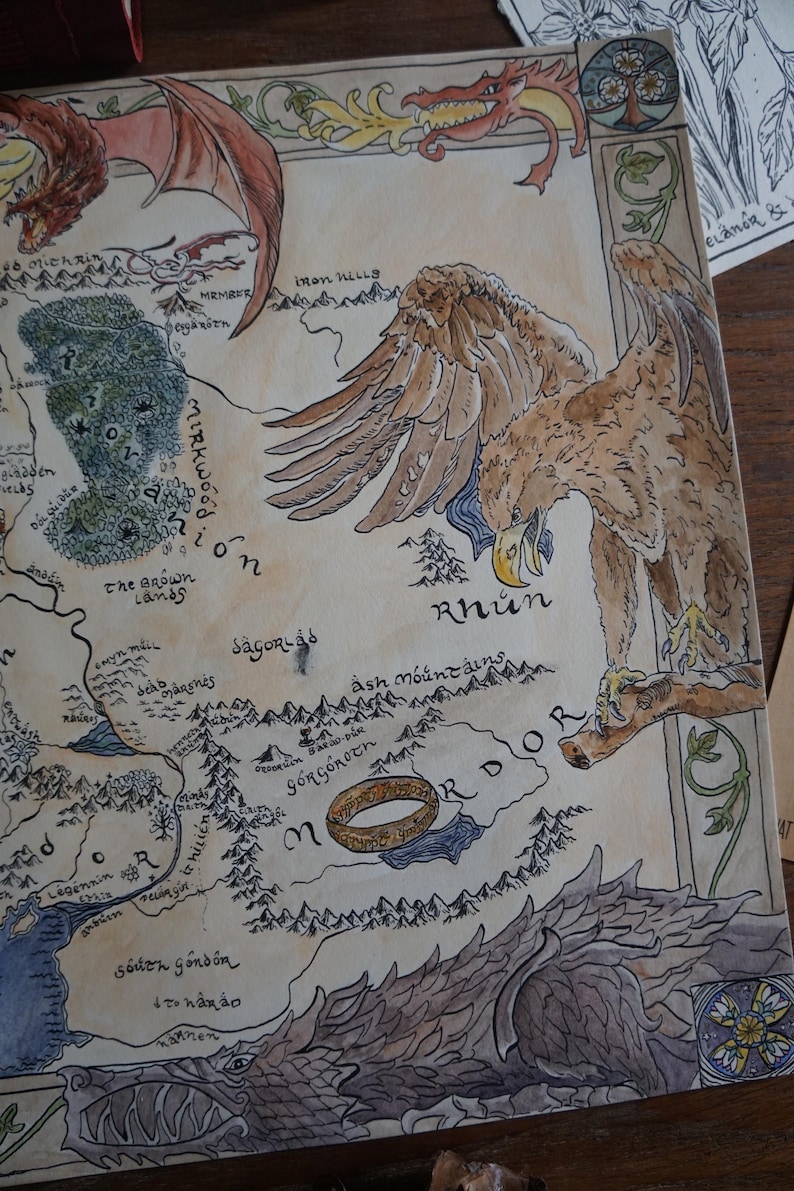Map of Middle Earth Gicleé hand drawn print | Lord of the Rings art Fantasy Map medieval wall tapestry, Hobbitcore Gaming Mat (cotton twill) image 7