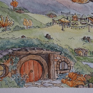 Seasons of the Shire art print set - Hobbit Hole whimsical watercolour landscape postcard - LOTR botanical cottagecore Tolkien illustration