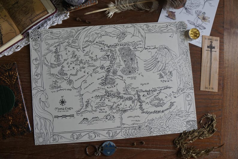 Hand drawn map of middle earth from the lord of the rings by JRR Tolkien