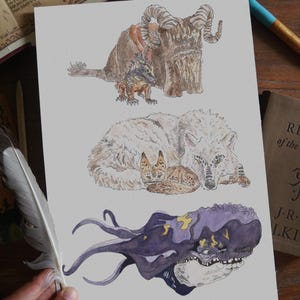 Lothal Kreaturen Poster - Purrgil Wal, Loth Wolf, Bantha Tusken Krieger Naturgeschichte Wandkunst, Bestiarium der Star Wars Rebellen Poster