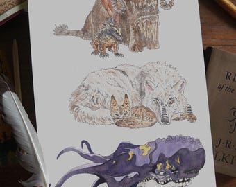 Lothal Creatures fine art print - Loth Cat, Purrgil and Bantha Watercolor Rebels poster - Tusken Warrior Star Wars Bestiary wall art