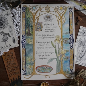 Poème calligraphié enluminé de la Terre du Milieu - Manuscrit de Goldberry, tapisserie médiévale, illustration fantastique de J.R.R. Tolkien, art botanique du Seigneur des Anneaux