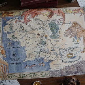 Mittelerde Karte Kunstdruck - Handgezeichnete Aquarell Fantasy Weltkarte von Herr der Ringe, Tolkiens Schatzkammer Dekor