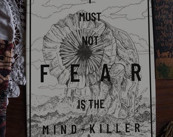 Fear is the Mind-Killer, fine art print | Frank Herbert book quote Dune poster Gicleé | Hand-drawn Sandworm of Arrakis ink illustration